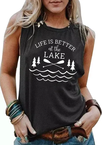 Lake Life - Camiseta sin mangas para mujer, casual, de verano, sin mangas, con gráfico, modo lago, camiseta divertida para vacaciones, vacaciones