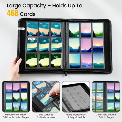 Miniatura 4 de Carpeta de 9 bolsillos para tarjetas coleccionables con 500 fundas para tarjetas, 26 páginas de carga lateral con capacidad para 468 tarjetas