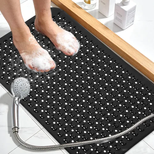 Miniatura 18 de Tapete de ducha negro antideslizante de 17 x 30 pulgadas, tamaño estándar, tapete de baño de burbujas suaves para ducha interior, tapete de baño