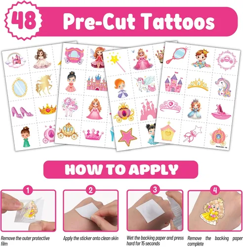 Miniatura 5 de Cherisnowy Juego de 72 piezas de fiesta de princesita – 48 tatuajes temporales y 24 pulseras de bofetada – Bonitos suministros de cumpleaños