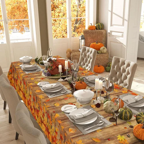 Miniatura 5 de Tiamon 3 piezas de decoración de otoño para interiores de Acción de Gracias, mantel de otoño de grano de madera, cubierta de mesa de fiesta