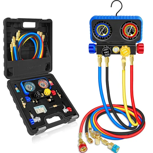 Boltigen Juego de medidores R1234yf, juego de colector de CA de 4 vías para R1234yf R134a R404a, kit de recarga de aire acondicionado refrigerante