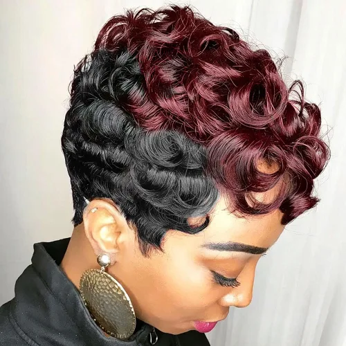 Miniatura 17 de MOONSHOW - Pelucas cortas de corte Pixie para mujeres negras, peluca de corte Pixie marrón Short Pixie Wigs for Black Women Natural Layered Short