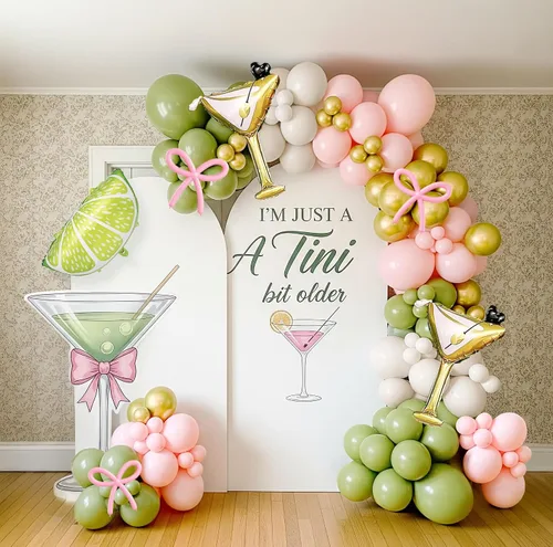 Miniatura 2 de Juego de guirnalda de globos de martini de limonada A Tini Bit para decoración de fiesta mayor, 130 globos rosa, verde y blanco, globo de vidrio