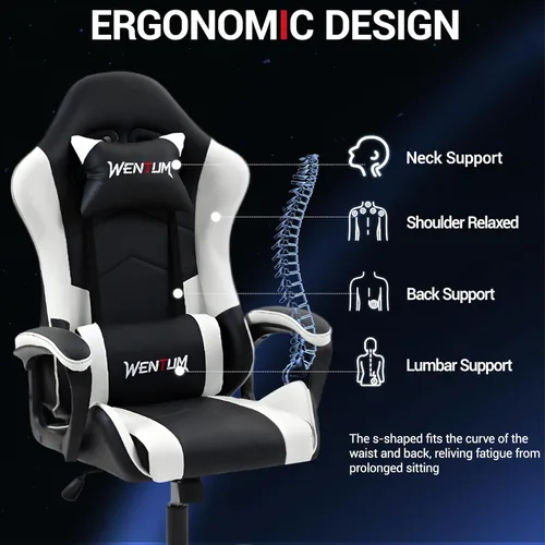 Miniatura 4 de Silla de videojuegos de piel sintética para masaje, silla de videojuegos para PC con soporte lumbar para hombres y mujeres, oficina en casa, altura