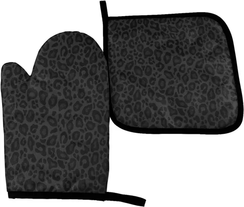 Perinsto Guantes de horno y soportes para ollas de leopardo negro, juego de cocina, guantes de cocina decorativos resistentes al calor, guantes de