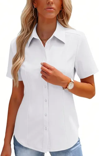 Miniatura 8 de HOTOUCH Camisas con botones para mujer, manga corta, elástica, sin arrugas, blusas formales de trabajo, blusas de verano, tallas S-2XL