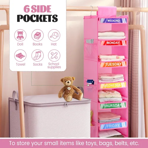 Miniatura 5 de Paquete de 2 organizadores semanales de ropa de 6 estantes para niños, organización diaria colgante de armario con 6 bolsillos laterales, divisor