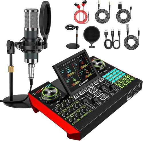 Miniatura 12 de Paquete de equipo de podcast - Estudio de producción todo en uno con mezclador de audio y micrófono de 3.5mm para transmisión en vivo, grabación