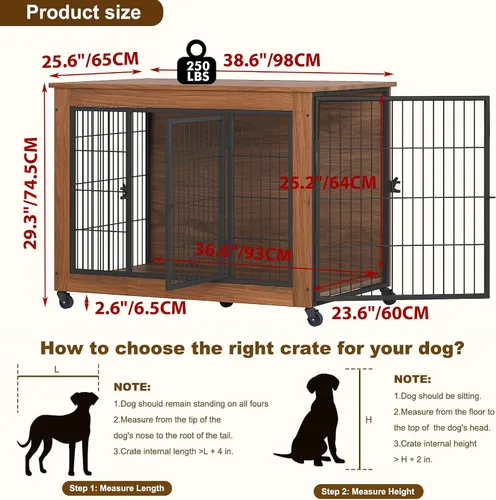 Miniatura 3 de Mueble de jaula para perros de 38.6 pulgadas con ruedas, mesa de madera resistente para perrera, jaula para mascotas de interior con 2 puertas, caja