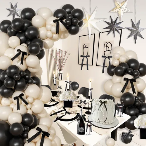 Miniatura 3 de Kit de arco de globos negro y arena blanca 141 piezas, decoraciones de cumpleaños coquetas incluyen globos y lazo negro para boda, baby shower