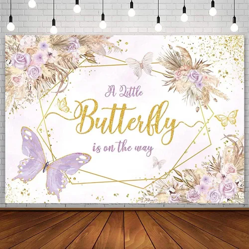 Miniatura 12 de AIBIIN Telón de fondo bohemio de mariposa para baby shower, de 7 x 5 pies, con texto en inglés "A Little Butterfly is on the Way", fondo de Azul