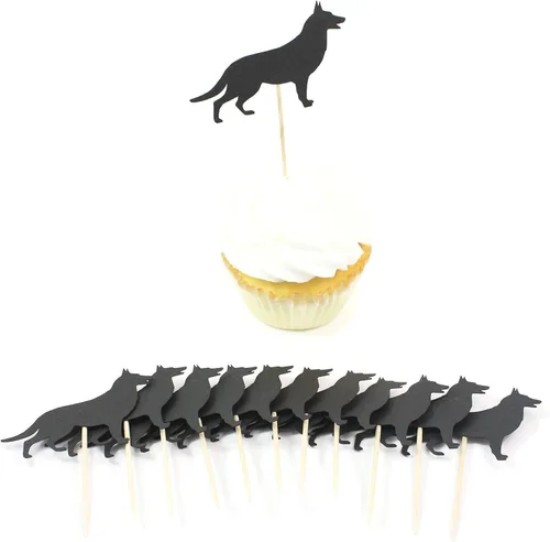 Miniatura 2 de Juego de 12 adornos para cupcakes de pastor alemán Decoración de pastel de perro negro hecho a mano Decoración de fiesta de cumpleaños