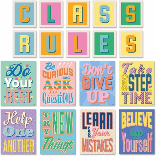 Sweetzer & Orange Juego de 8 pósteres de reglas educativas con letras de reglas de clase, gráficos motivacionales para profesores y estudiantes,