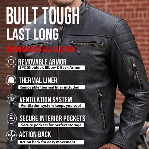 Miniatura 4 de REVOLT Chaqueta de motociclista para hombre, de cuero natural de búfalo, con protección CE - Ventilación, para crucero, motociclista, touring, Marrón