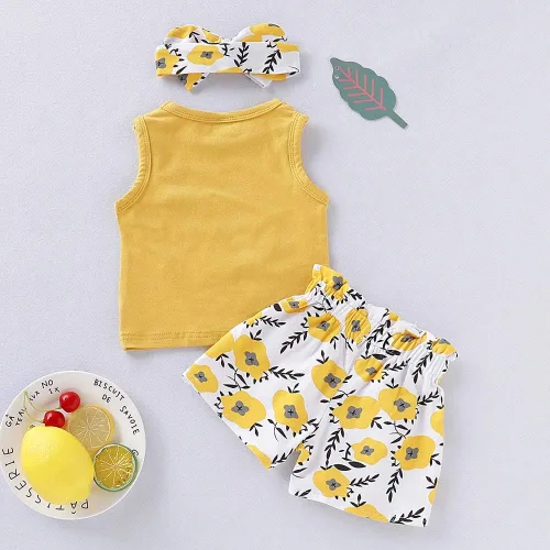 Miniatura 2 de PigMaMa Conjunto de ropa para bebé niña de 3 piezas, sin mangas, camiseta sin mangas, pantalón de flores, diadema