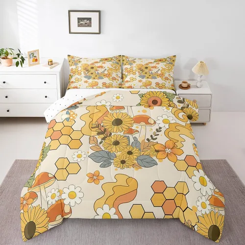 Miniatura 13 de Juego de ropa de cama floral retro, tamaño individual, vintage de los años 70 y 60, juego de edredón para niños, adultos y adolescentes, juego
