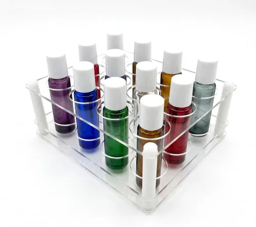 Miniatura 6 de Paquete de 2 organizadores de botellas de rodillo acrílico de 12 agujeros, 3 x 4, soporte de aceite esencial transparente, fácil montaje, 0.118