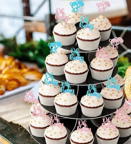 Miniatura 8 de 36 piezas de decoración de cupcakes con lazo rosa y azul para revelación de género, temática de niño o niña, decoración de cupcakes de papel