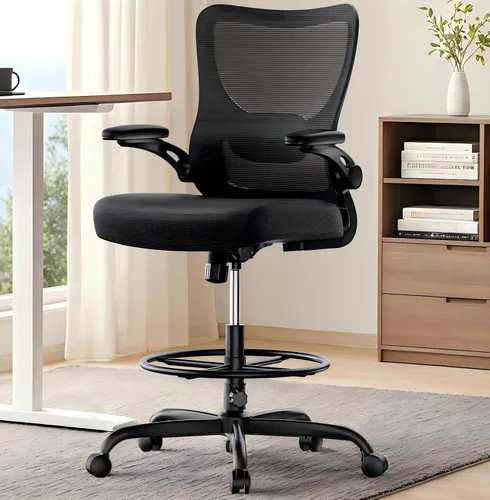 Marsail Silla de dibujo, silla de oficina alta con soporte lumbar 2D, silla de escritorio de pie, silla de oficina alta con reposabrazos abatibles