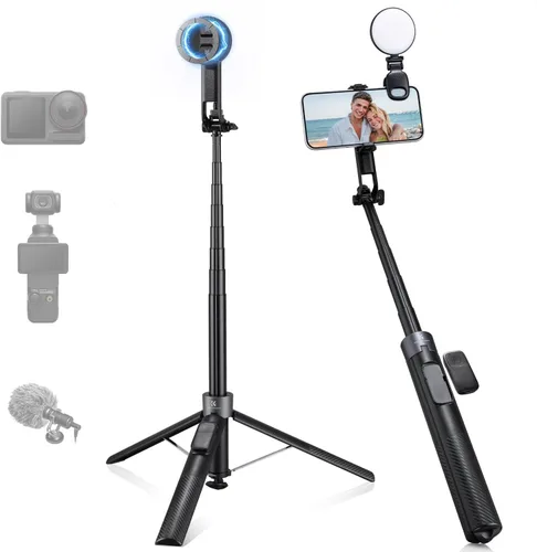 K&F CONCEPT 72" Phone Tripod, Clip & Magnetic Selfie Stick with Fill Light & Remote, Automatic Phone Tripod Stand, Compatible with iPhone 17-12