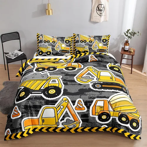 Miniatura 13 de Juego de funda de edredón para niños, camión de construcción, maquinaria, camión, excavadoras, vehículos, caricatura, tractor, juego de ropa de cama