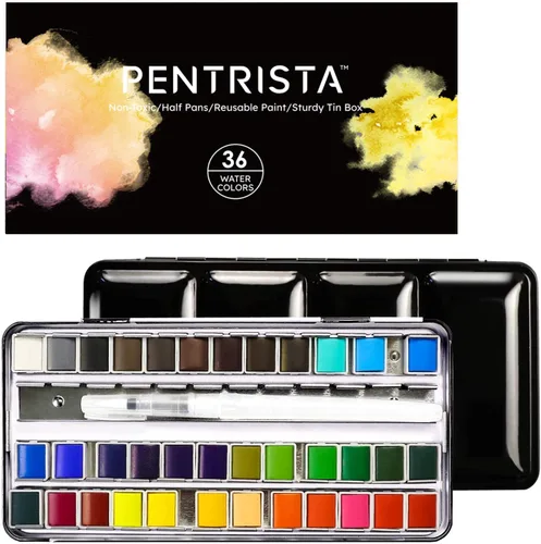 Juego de pintura de acuarela sólida de 36 colores con cepillo de agua recargable, medias sartenes de grado artístico en caja de lata, kit de