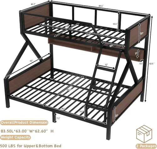 Miniatura 2 de Bellemave Litera individual XL sobre Queen con estantes, literas de metal con escaleras y luces, litera resistente para dormitorios, habitaciones