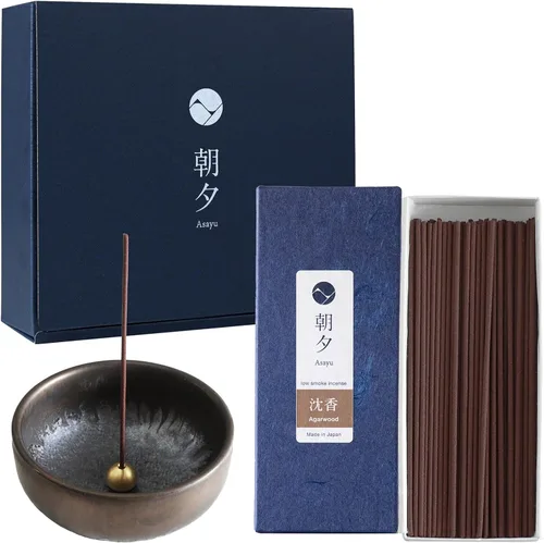 Asayu Japan Set de regalo de incienso de bajo humo con soporte de incienso y soporte de latón, varillas de incienso de madera de agarwood con