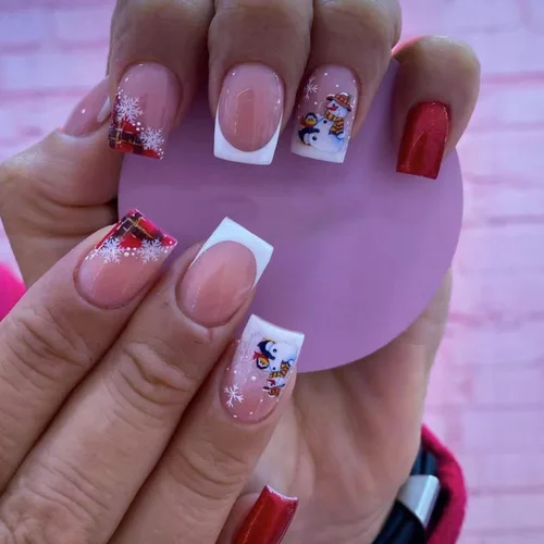 24 uñas postizas cuadradas medianas de Navidad, uñas acrílicas francesas rojas de Navidad, uñas acrílicas a presión con pegamento medio brillante