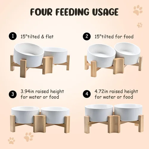 Miniatura 3 de SPUNKYJUNKY Cuenco de cerámica inclinado de 15° para perros y gatos con soporte de madera, cuenco inclinado para comida y agua para bulldog Blanco