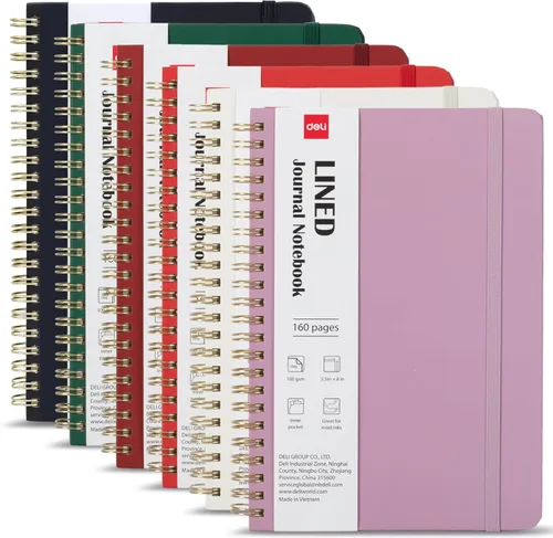 deli Paquete de 6 cuadernos con espiral rayados, 160 páginas, A5 (5.5 x 8 pulgadas), cuaderno de escritura de tapa dura, diario encuadernado en