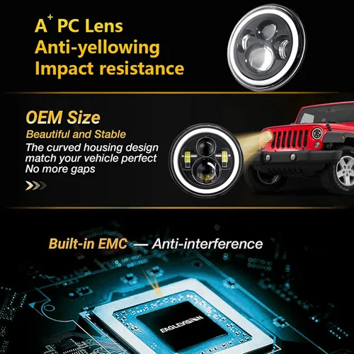 Miniatura 6 de Shkalacar Faro LED H4 de 7 pulgadas 140W Ojos de Ángel Faros redondos 4 modos 14000LM 6000K Blanco/3000K Ámbar Faro de coche y motocicleta Auto Ring