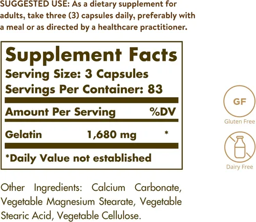 Miniatura 2 de Solgar Gelatina 1680 mg, 250 cápsulas – Gelatina natural – Apoya la salud de los huesos, las articulaciones y la piel – Sin gluten, sin lácteos – 83