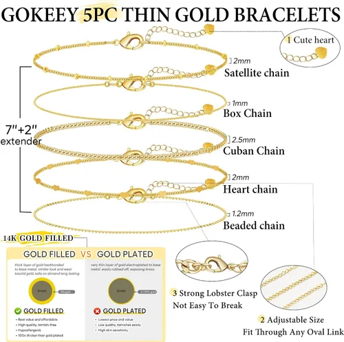 Miniatura 3 de Delicadas pulseras de oro para mujer, joyería de cadena de oro real de 14 quilates para mujer, impermeables, apilables, delgadas, con clip de papel
