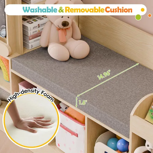 Miniatura 4 de MU Estantería para niños con rincón de lectura, organizador de almacenamiento de juguetes de madera con pizarra y banco, rincón de lectura