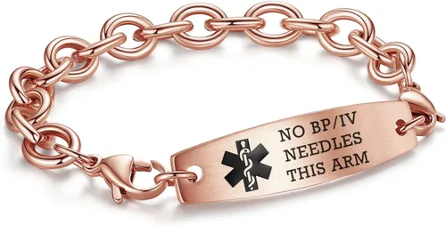 Miniatura 29 de LinnaLove Pulseras de identificación médica intercambiables Cadena de cable de acero inoxidable pulseras de alerta médica personalizables