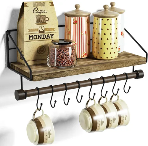 Miniatura 9 de Alsonerbay Estantes flotantes de pared para dormitorio, estantes de baño montados en la pared con toallero, estante de madera rústica de cocina