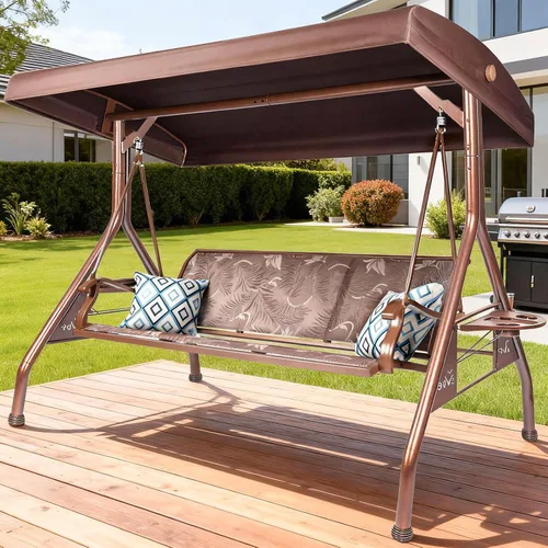 Miniatura 11 de ZZW Columpio de patio para 3 personas para adultos con toldo ajustable y portavasos mejorados, tela de textileno, silla de columpio con soporte Verde