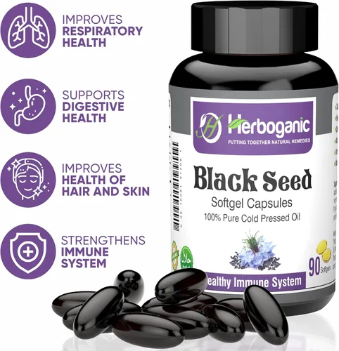 Miniatura 3 de HERBOGANIC Cápsulas blandas de aceite negro prensado en frío, 90 unidades, mezcladas con otros productos herbarios, apoya la salud general