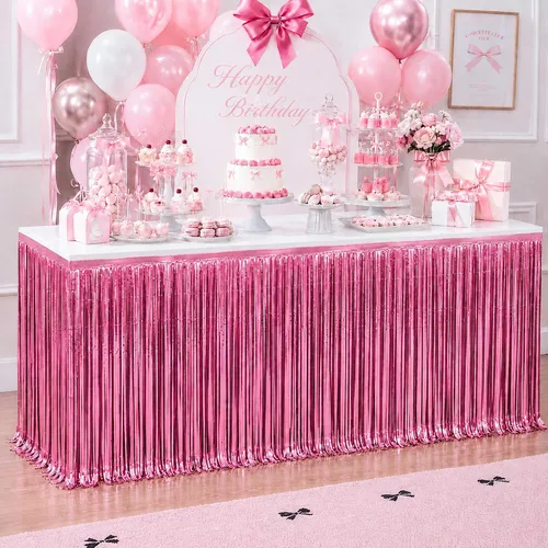 Miniatura 14 de Faldas de mesa de oropel de papel metálico con flecos para mesas rectangulares, cortinas de serpentina, telón de fondo para cumpleaños, boda