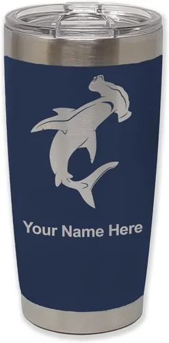 Miniatura 20 de LaserGram Vaso aislado al vacío de 20 onzas, tiburón martillo, grabado personalizado incluido (negro)