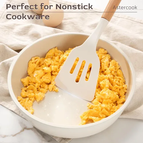 Miniatura 4 de Astercook Juego de utensilios de cocina, 39 piezas de utensilios de cocina de silicona con mango de madera, juegos de utensilios de cocina Crema