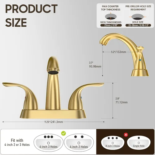 Miniatura 3 de Phiestina Grifo de Baño de Oro Cepillado de 4 Pulgadas Centerset 2 o 3 Agujeros 2 Manijas, Grifo de Baño con Desagüe Emergente de Cobre y Líneas