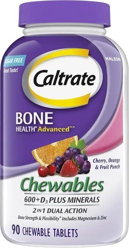 Caltrate Chewables 600 Plus D3 Plus Minerals Suplemento de vitamina D de calcio, cereza, naranja y fruta, 90 unidades
