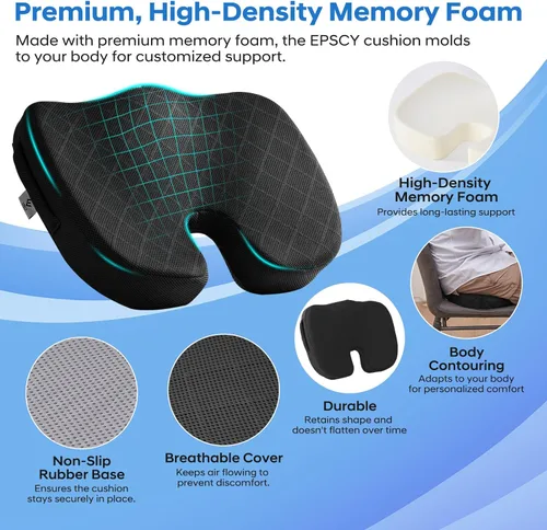 Miniatura 2 de EPSCY Cojín de espuma viscoelástica en forma de U para alivio del dolor de coxis, hemorroides, ciática y coxis, cojín de asiento reductor de presión