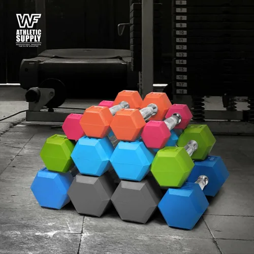 Miniatura 5 de WF Athletic Supply Mancuernas hexagonales con revestimiento de goma Black & COLOR con mango cromado contorneado, entrenamiento de cuerpo completo