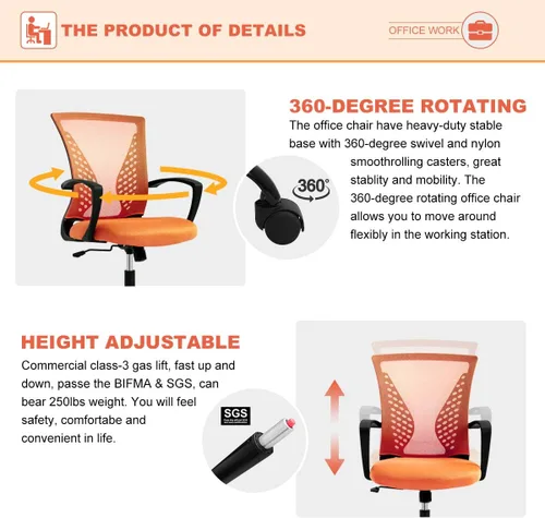Miniatura 3 de Silla de oficina de malla para el hogar, silla de escritorio ergonómica con soporte lumbar, reposabrazos ejecutivo, ajustable, giratoria, respaldo