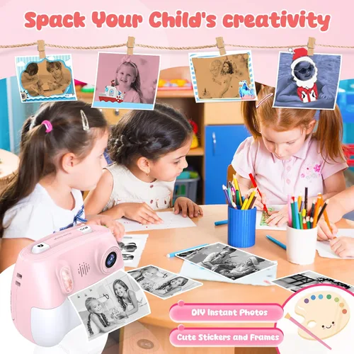 Miniatura 4 de Cámara para niños con impresión instantánea 1080P frontal y trasera dual selfie – Cámaras para niños pequeños con videojuegos digitales, 32 GB y Rosa