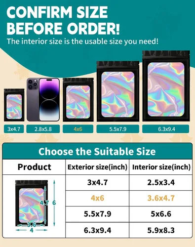 Miniatura 2 de Bolsas holográficas Mylar de 4 x 6 pulgadas, 100 bolsas pequeñas transparentes resellables a prueba de olores, bolsa de embalaje de plástico para 5
